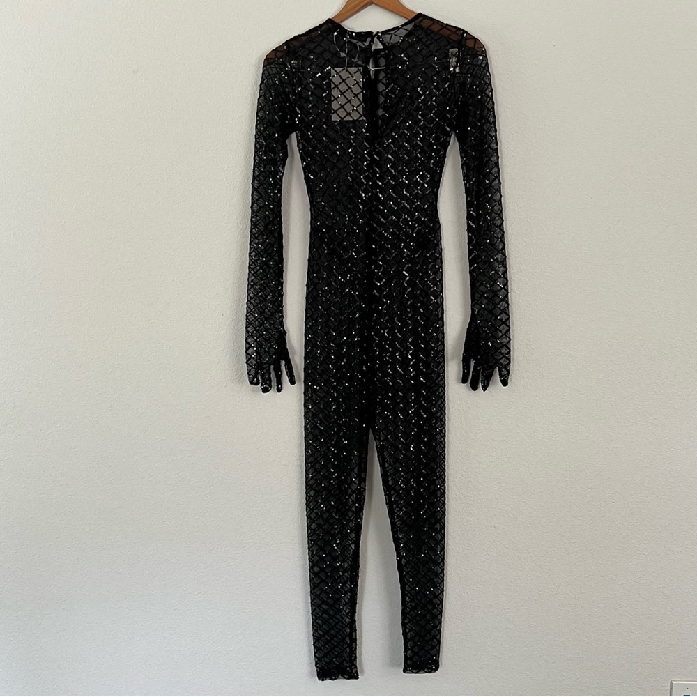 Mew Mews Statement Dress Black Sequins Sheer Jumpsuit With Gloves Size SMALL NWT - Picture 11 of 16
